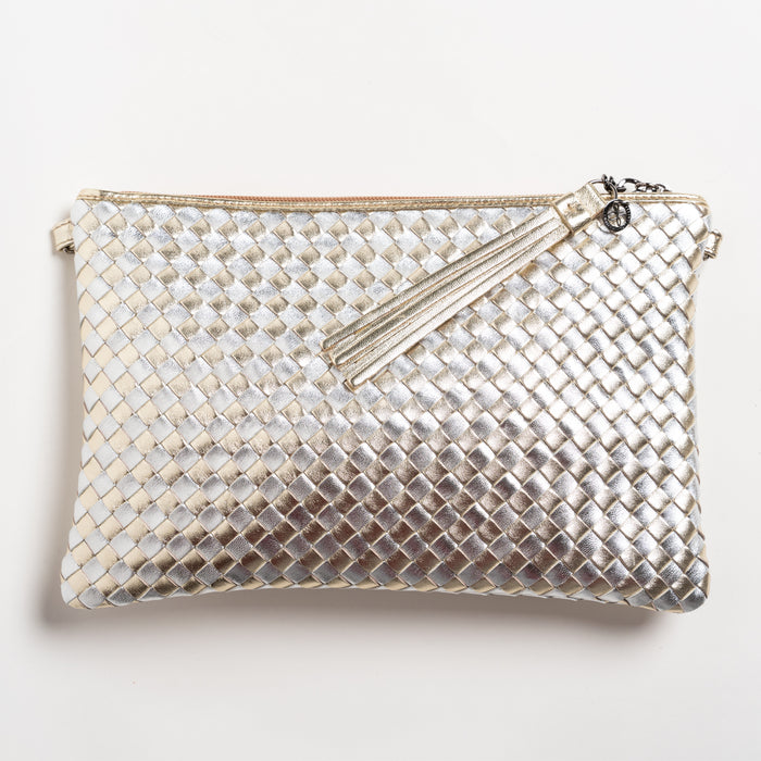 Women Intrecciato Nappa Leather Pouch in Platino and Silver
