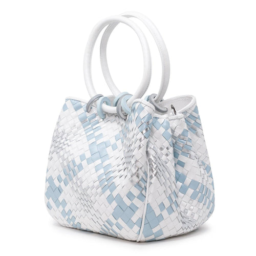 Top Handle Intreccio Scozzese Bag in Pearled White, Light Blue and Silver - Jennifer Tattanelli