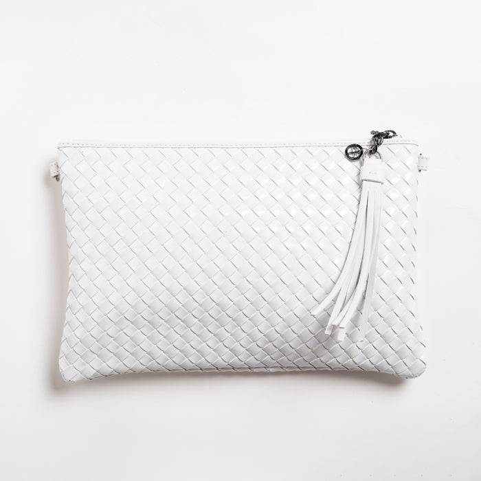 Women Intrecciato Nappa and Patent Leather Pouch in Bianco