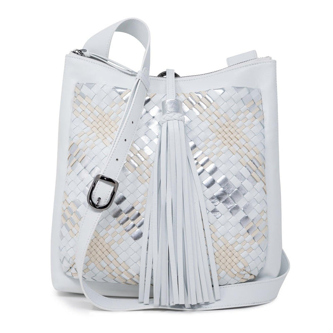 Women's Leather Intreccio Scozzese Crossbody Bag in White, Silver and Beige - Jennifer Tattanelli
