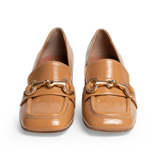 Women's Block Heel Loafers in Tan Patent Leather