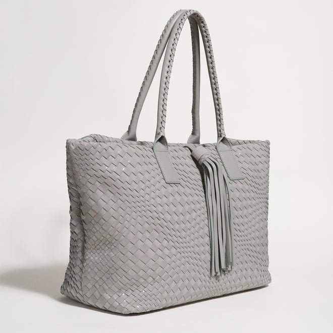 Sophia Maxi Intreccio Optical Zippered Bag in Nappa and Patent Leather Grigio Perla