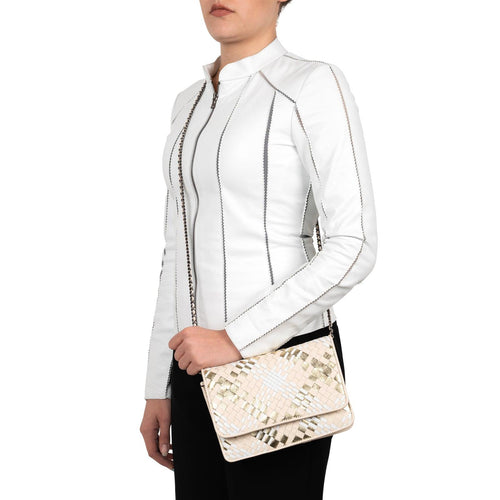 Woman Leather Cross Body Clutch Intreccio Scozzese in Pearled White, Pink and Platinum - Jennifer Tattanelli