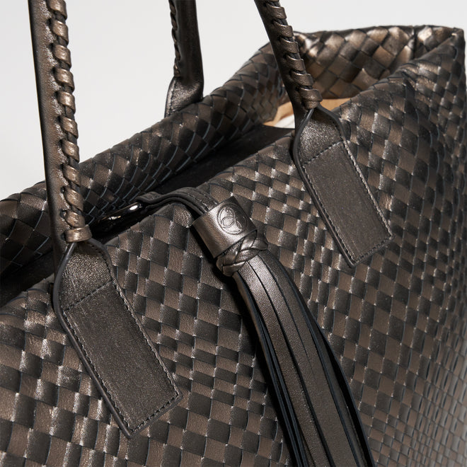 Sophia Maxi Intreccio Optical Zippered Bag in Laminated Leather Gunmetal and Bronze