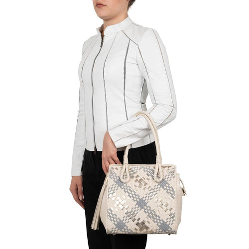 Women Top Handle Leather Bag Intreccio Scozzese in White, Grey and Nude - Jennifer Tattanelli