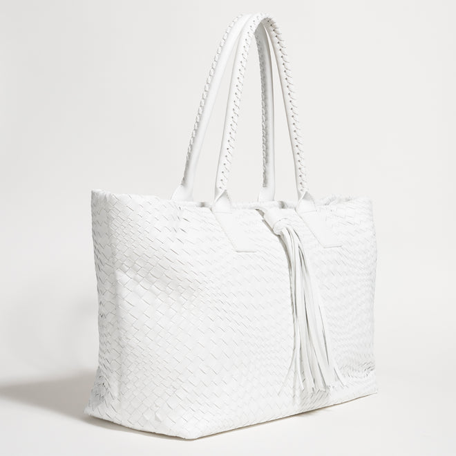 Sophia Maxi Intreccio Optical Zippered Bag in Nappa Bianco