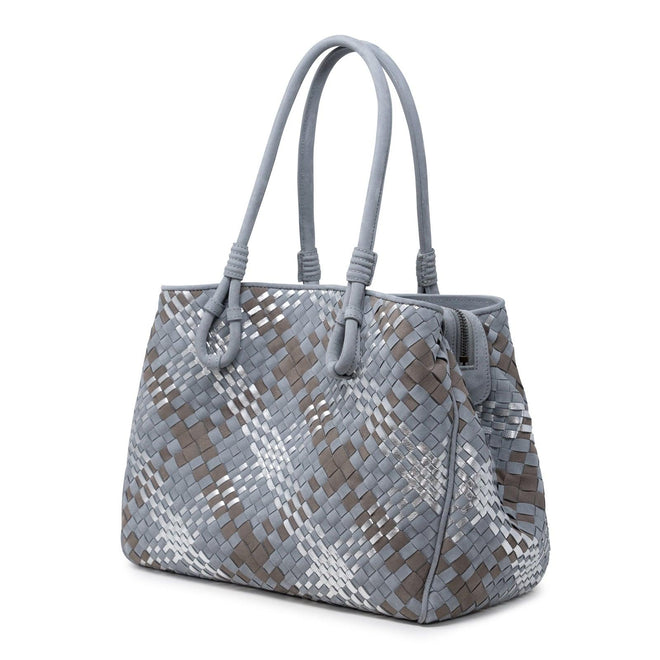 Women Intrecciato Scozzese Top Handle Bag in Grey, Taupe and Silver - Jennifer Tattanelli