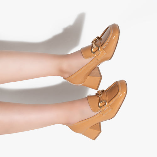 Women's Block Heel Loafers in Tan Patent Leather