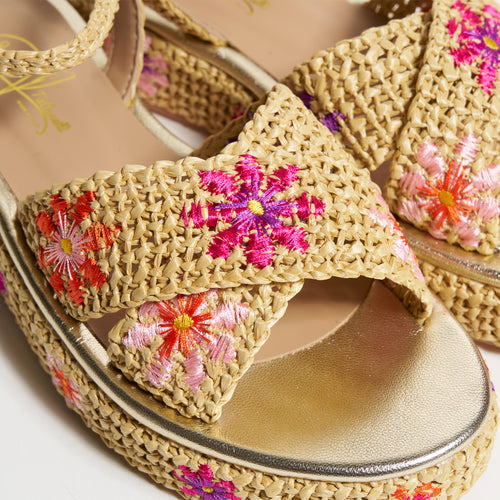 Women's Cord Platform Sandals with Flowers in beige