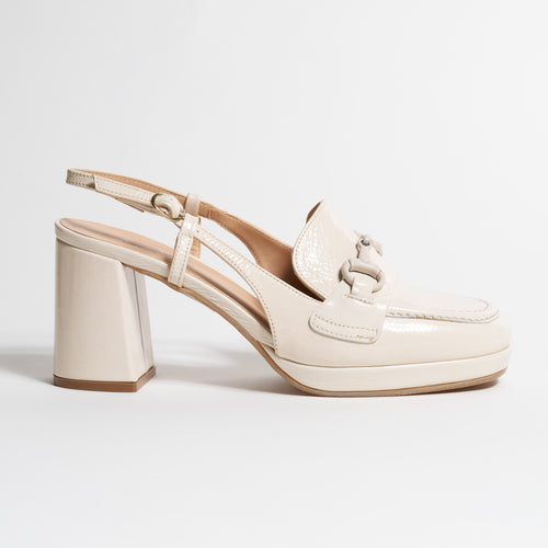 Women Patent Leather Slingback Loafer with Block Heel in White Milk