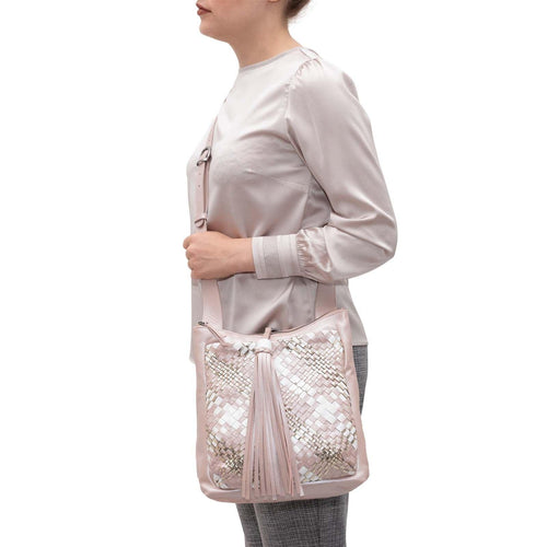 Women's Leather Intreccio Scozzese Crossbody Bag in Beige, Platinum and Grey - Jennifer Tattanelli