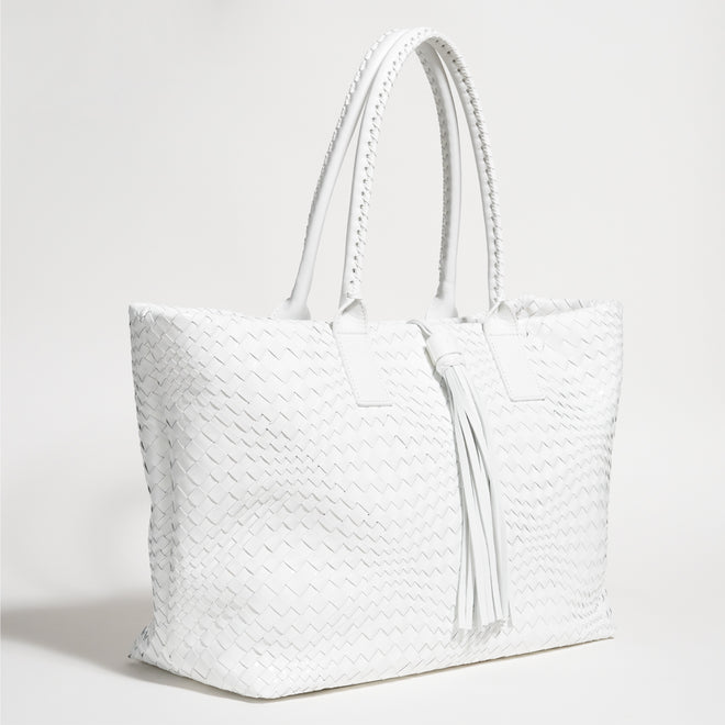 Sophia Maxi Intreccio Optical Zippered Bag in Nappa and Patent Leather Bianco