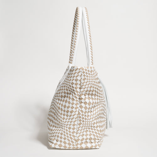 Sophia Maxi Intreccio Optical Zippered Bag in Nappa Bianco and Beige