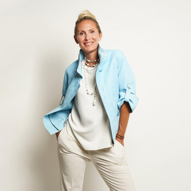 Reversible Pieno Fiore Leather Jacket in light Blue