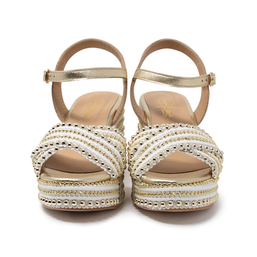 Women's Studded Platform Wedge Sandals in Platinum and Cream - Jennifer Tattanelli