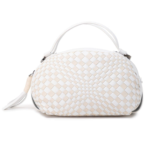 Women's Oval Top Handle Leather Bag in White and Beige Intreccio Optical - Jennifer Tattanelli