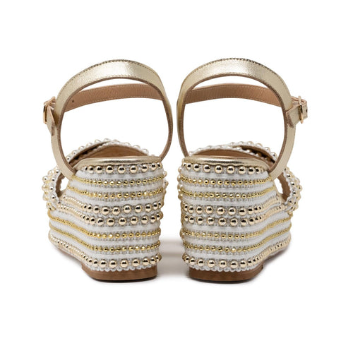 Women's Studded Platform Wedge Sandals in Platinum and Cream - Jennifer Tattanelli