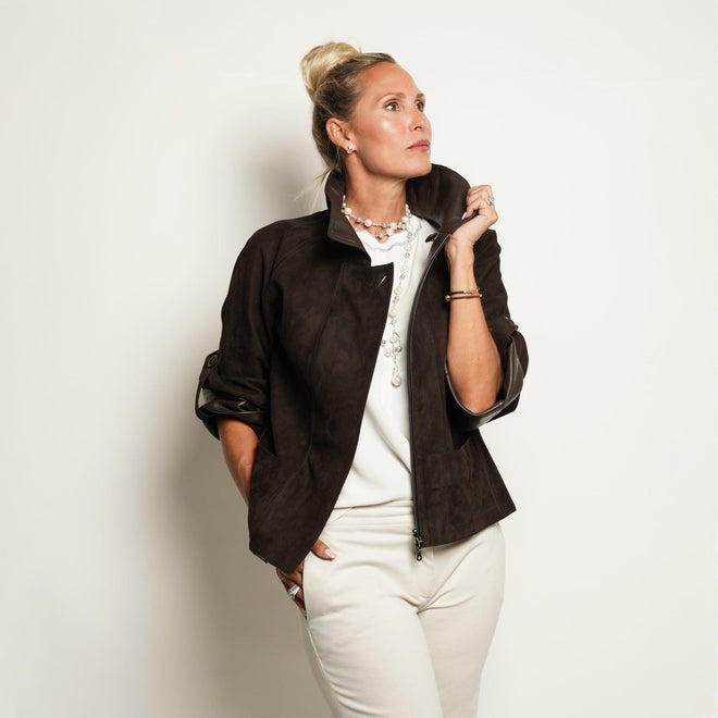 Reversible Pieno Fiore Leather Jacket in Dark Brown - Jennifer Tattanelli