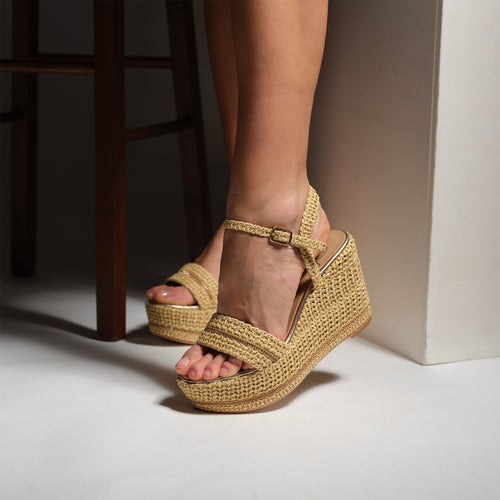 Women's Beige Cord Platform Wedge Sandals with Gold details