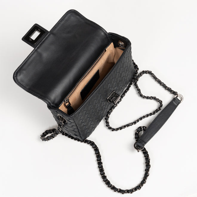 Women's Black Nappa Perlata Leather Chicca Bag Intreccio Quadro