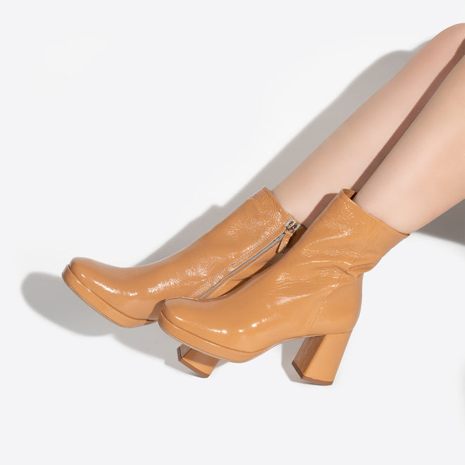 Women Booties in Tan Patent Leather