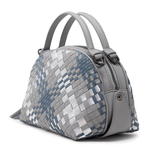 Women's Oval Top Handle Leather Bag in Pearl Gray, Silver and Blue Intreccio Scozzese - Jennifer Tattanelli