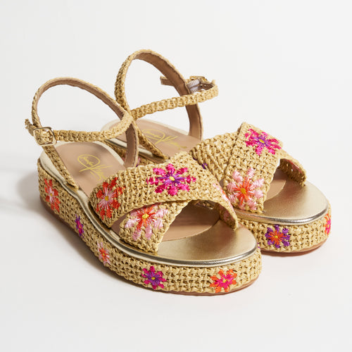 Women's Cord Platform Sandals with Flowers in beige