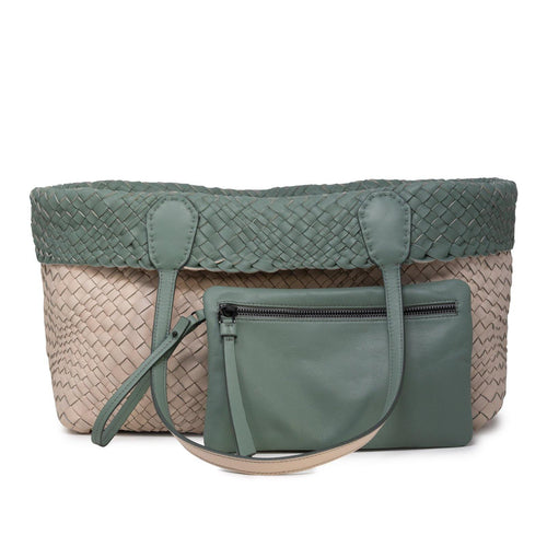 Women Leather Intreccio Optical Reversible Bag In Sabbia and Salvia - Jennifer Tattanelli