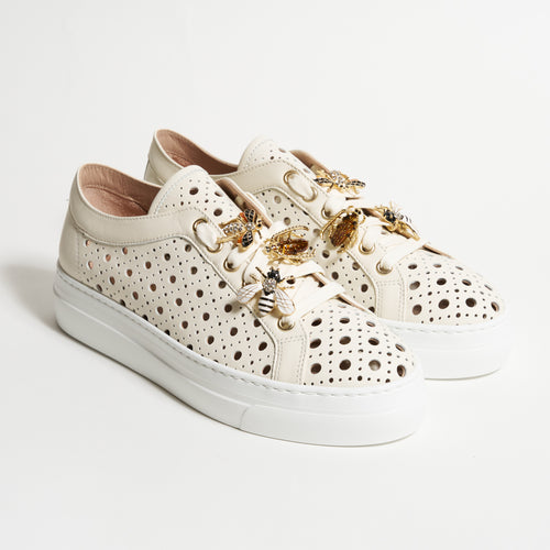 Women's Lasered Nappa Leather Sneakers in Light Cream