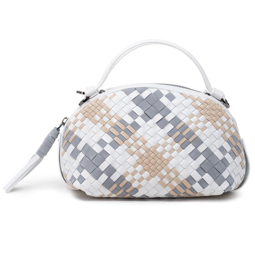 Women's Oval Top Handle Leather Bag in White, Grey and Nude Intreccio Scozzese - Jennifer Tattanelli