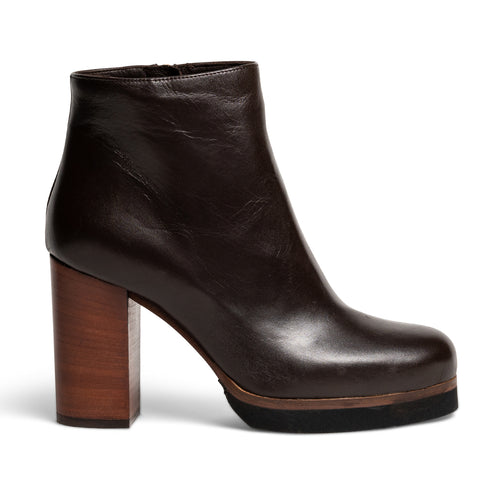 Women's Wood Heel Leather Booties in Dark Brown
