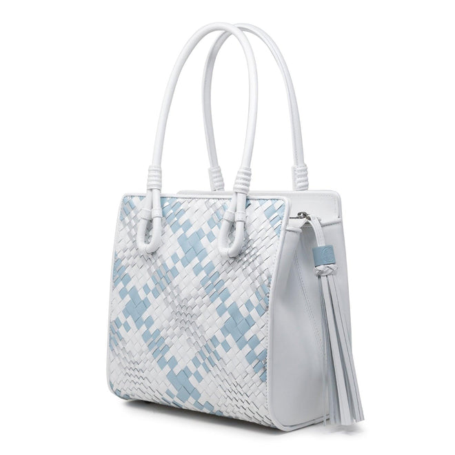 Women Top Handle Leather Bag Intreccio Scozzese in Pearled White, Pearled Light Blue and Silver - Jennifer Tattanelli