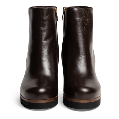 Women's Wood Heel Leather Booties in Dark Brown