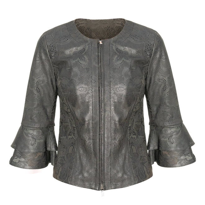 Women Short Laser-Cut Leather Jacket in Grey - Jennifer Tattanelli