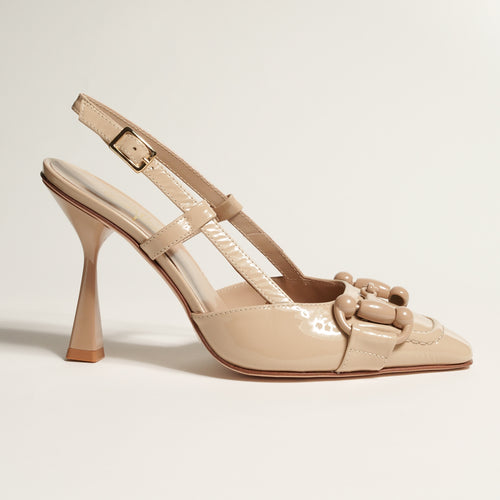 Women's Wafer Beige Patent Leather Pumps with Museum High Heel