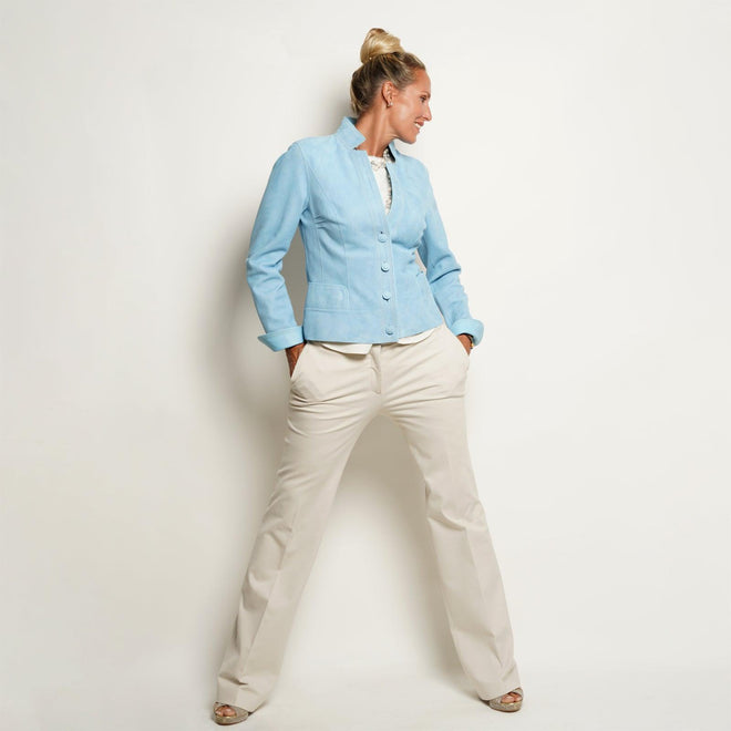Women Reversible Short Leather Blazer in Light Blue - Jennifer Tattanelli