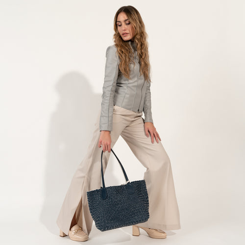 Women Leather Intreccio Optical Medium Bag in Navy and Bianco