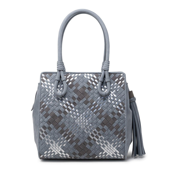 Women Top Handle Leather Bag Intreccio Scozzese in Grey, Taupe and Silver - Jennifer Tattanelli