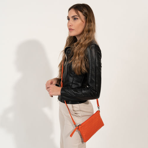 Women's Intrecciato Leather Clutch in Arancio