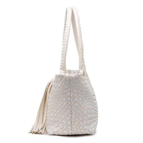 Sophia Petite Intrecciato Optical Zippered Shopping Bag in Beige and White Nappa - Jennifer Tattanelli
