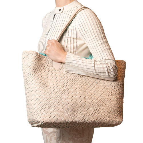 Women Leather Intreccio Large Optical Reversible Bag in Sabbia and Tiffany - Jennifer Tattanelli