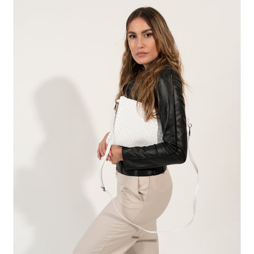 Women Intrecciato Nappa and Patent Leather Pouch in Bianco