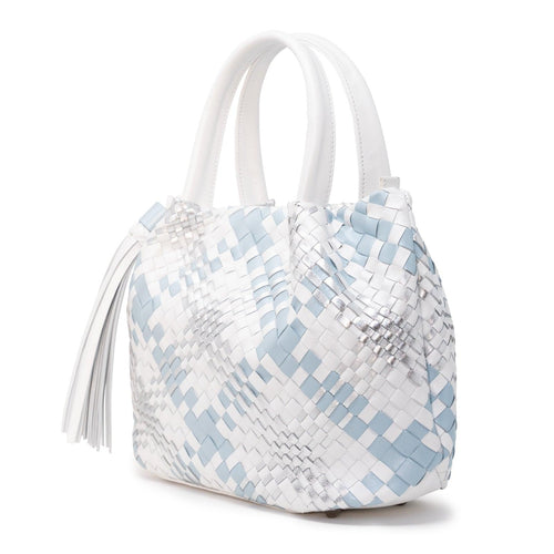 Women's Top Handle Bag With Tassel in Pearled White, Light Blue and Silver - Jennifer Tattanelli