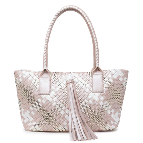Sophia Petite Intrecciato Scozzese Zippered Shopping Bag in Pearled Vanilla, Platinum and Pearled White - Jennifer Tattanelli