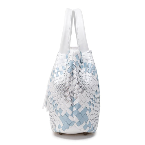 Women's Top Handle Bag With Tassel in Pearled White, Light Blue and Silver - Jennifer Tattanelli