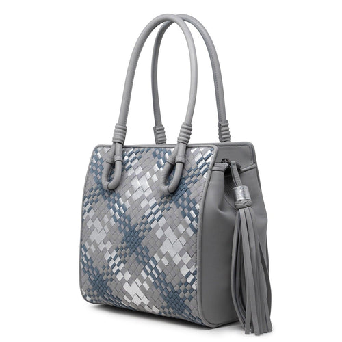 Women Top Handle Leather Bag Intreccio Scozzese in Pearl Grey , Nabuk Grey and Silver - Jennifer Tattanelli