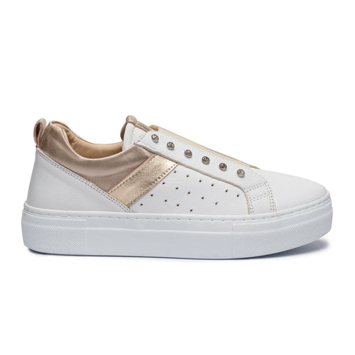 Women's Elastic Band Sneakers with Diamonds in White and Platinum - Jennifer Tattanelli