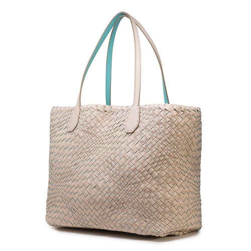 Women Leather Intreccio Large Optical Reversible Bag in Sabbia and Tiffany - Jennifer Tattanelli