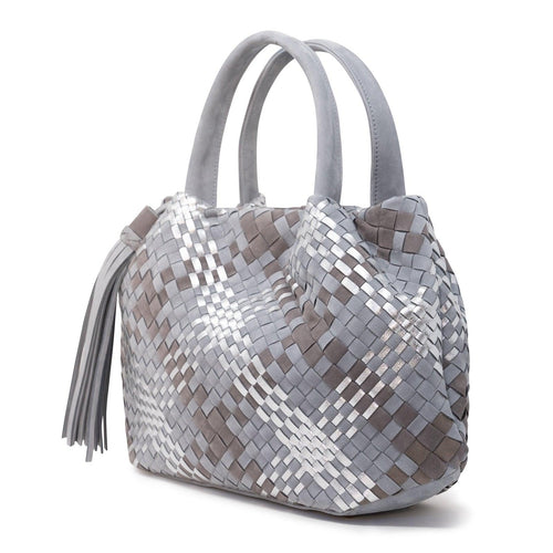Women's Top Handle Bag With Tassel in Nabuck Grey and Silver - Jennifer Tattanelli