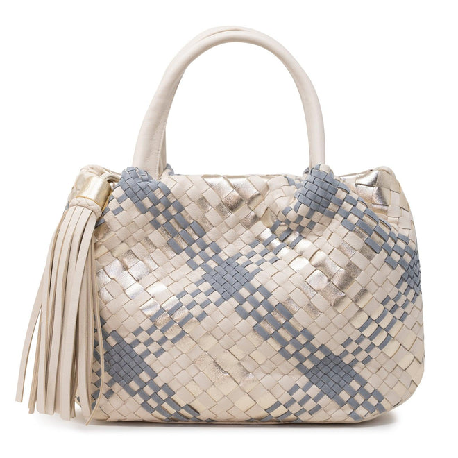 Women's Top Handle Bag With Tassel in Nappa Beige, Platinum and Grey - Jennifer Tattanelli